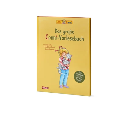 Livre jaune « Das große Conni-Vorlesebuch » avec une illustration de Conni tenant un chat gris.