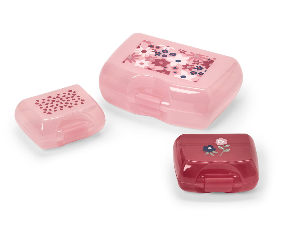 Trois boîtes à goûter en plastique de différentes tailles et couleurs avec des motifs floraux.