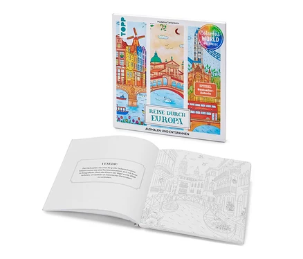 L'image montre le livre « Reise durch Europa – Ausmalen und Entspannen » et un livre de coloriage ouvert avec une illustration de Venise.