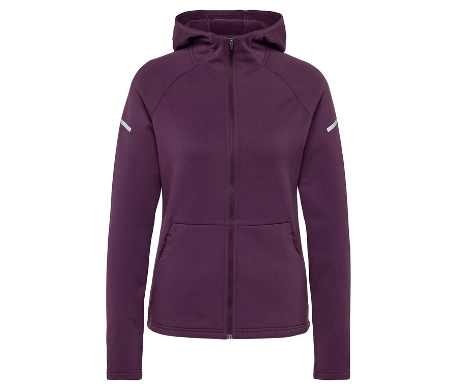 Veste à capuche zippée violette avec détails réfléchissants sur la manche.