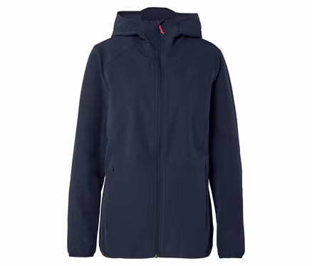 Veste softshell bleu foncé à capuche avec fermeture éclair rose.