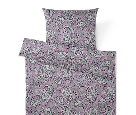 Ensemble de literie avec motif cachemire rose, violet et gris.