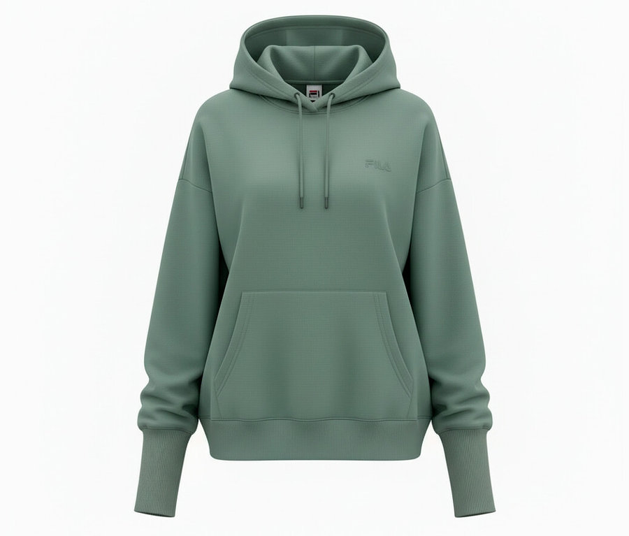 Sweat à capuche vert pour femme FILA en mélange de modal avec une poche kangourou sur fond blanc.