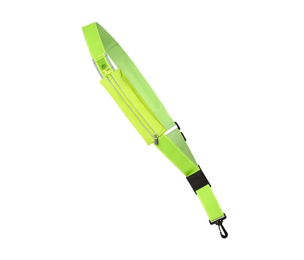 Ceinture de course jaune fluo avec pochette zippée, bandes réfléchissantes, symbole d'alimentation et crochet noir, placée en diagonale sur fond blanc.