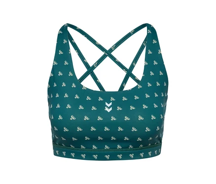 Gros plan d'un soutien-gorge de sport HUMMEL vert avec motif blanc et bretelles croisées.