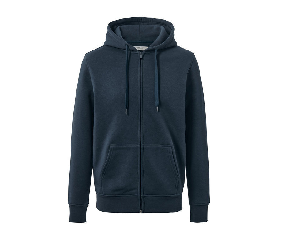 Veste à capuche bleu marine avec fermeture éclair au centre.