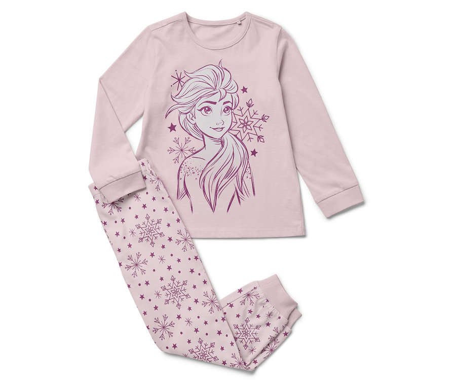 Pyjama rose à manches longues avec une illustration d'Elsa et des flocons de neige.