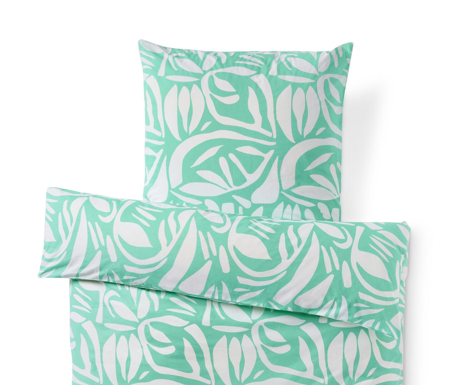 Parure de lit en renforcé verte avec motif de feuilles blanches, taille standard.