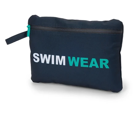 Un sac bleu marine avec le mot « SWIMWEAR » en blanc et turquoise.