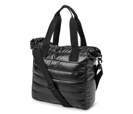 Sac fourre-tout noir matelassé avec deux poignées supérieures et une bandoulière réglable.