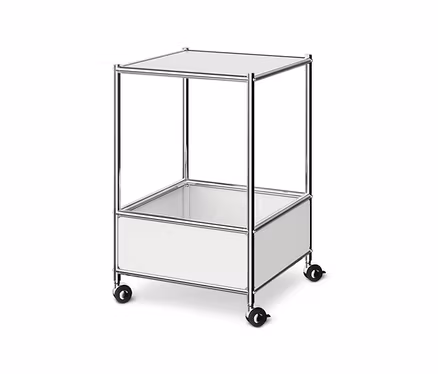 Table basse en métal « CN3 », blanche, avec une étagère inférieure et des roulettes.