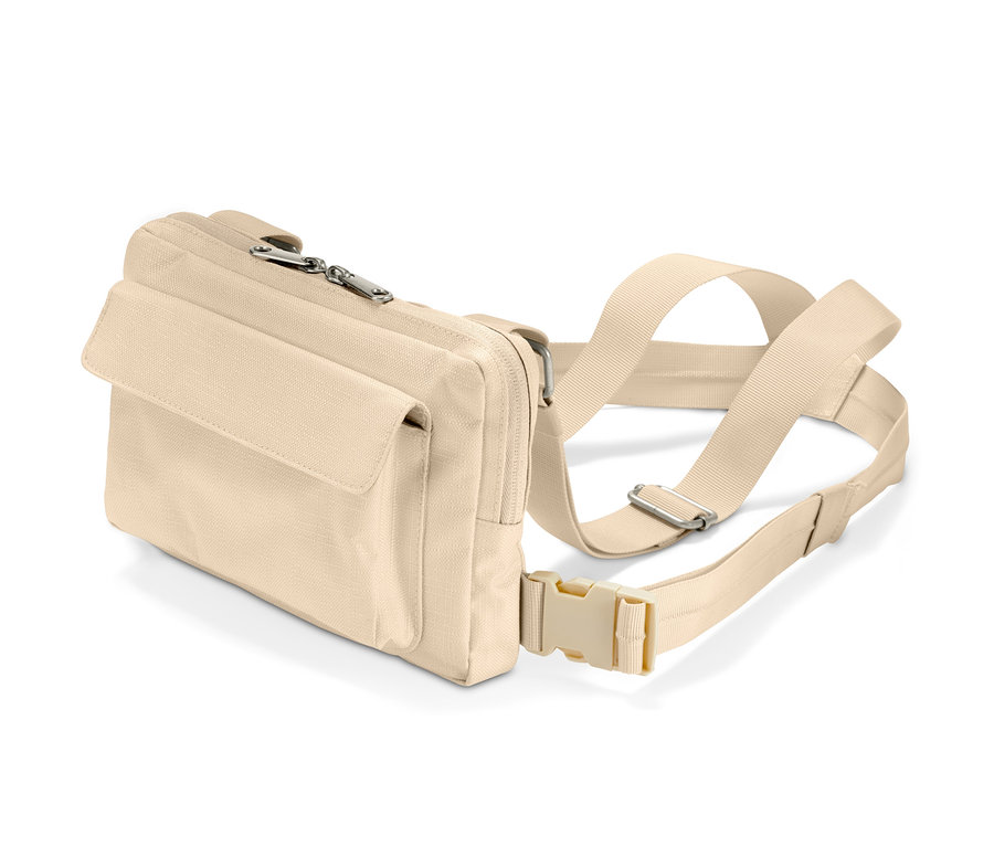 Sac à bandoulière polyvalent beige avec une sangle.