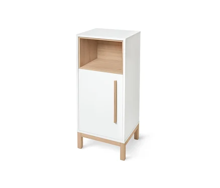 Petite desserte d'appoint « Eklund » blanche avec des éléments en bois.