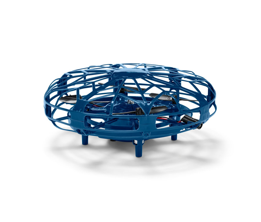 Un mini-drone « OVNI » bleu sur fond blanc.