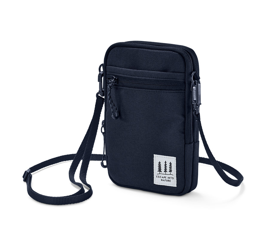 Sac bandoulière bleu marine avec une sangle ajustable et un logo d'arbres.