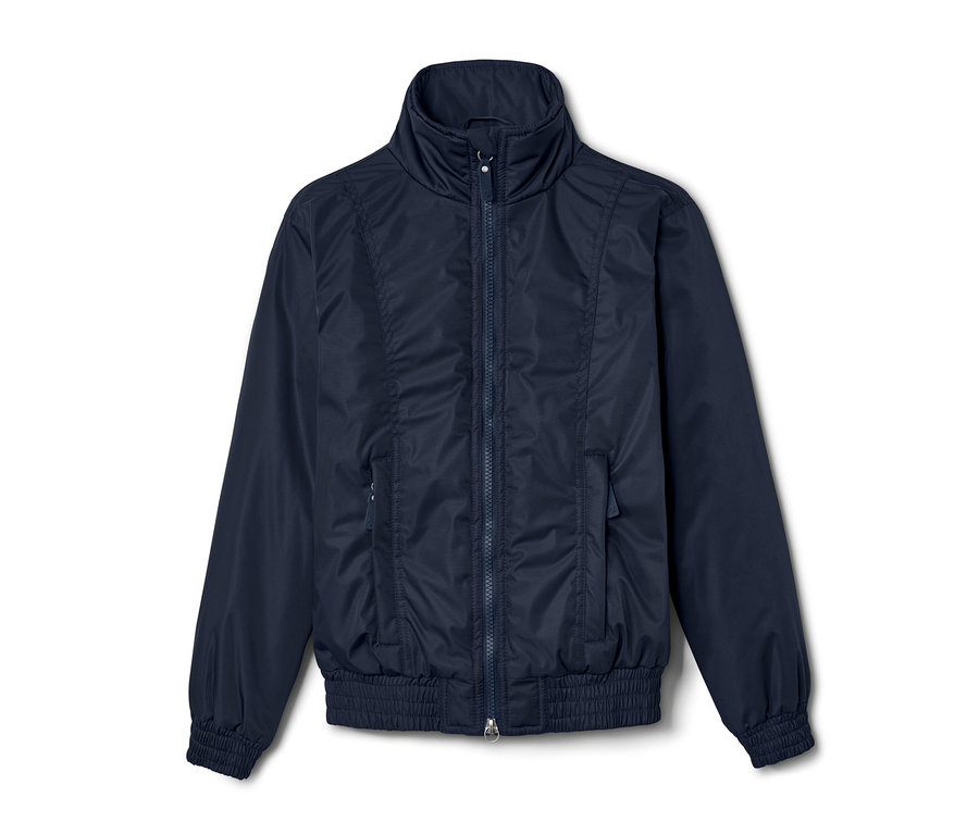 Blouson bleu foncé pour enfant avec fermeture éclair.