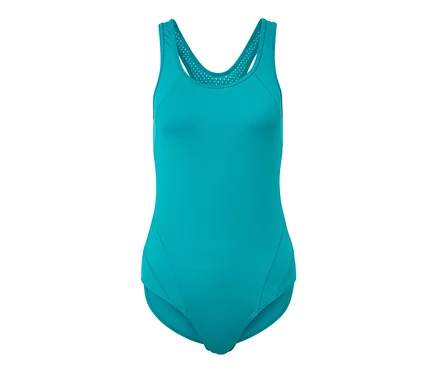 Maillot de bain de sport turquoise sur fond blanc.