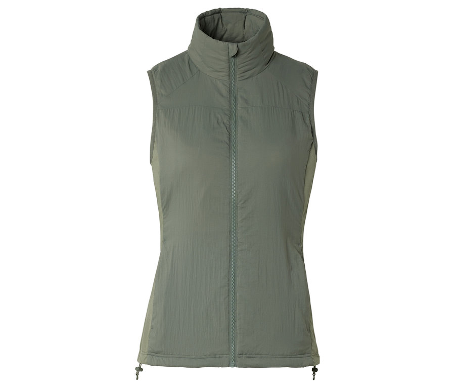 Gilet matelassé vert sans manches avec fermeture éclair sur fond blanc.