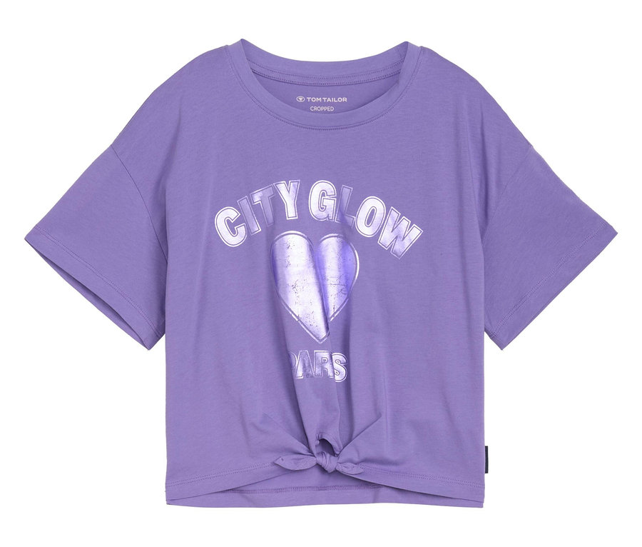 T-shirt lilas avec motif cœur « City Glow » et nœud sur le devant.