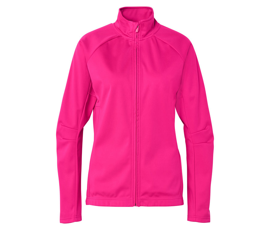 Une veste polaire rose avec fermeture éclair intégrale est présentée sur un fond blanc.