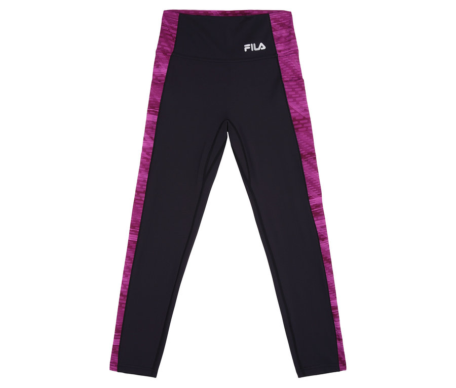Legging de sport noir pour femme FILA avec des bandes latérales roses, photographié de face.