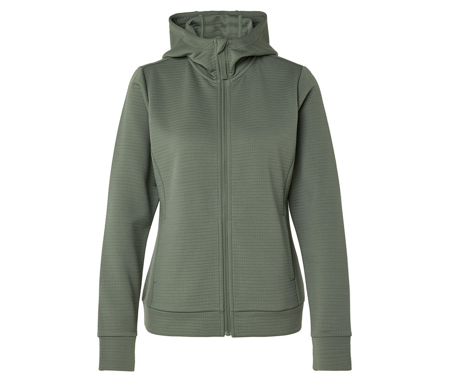 Un sweat à capuche zippé vert olive.