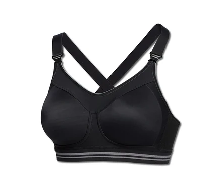Soutien-gorge de sport noir High Impact SCHIESSER avec bretelles croisées et bande inférieure à rayures grises.