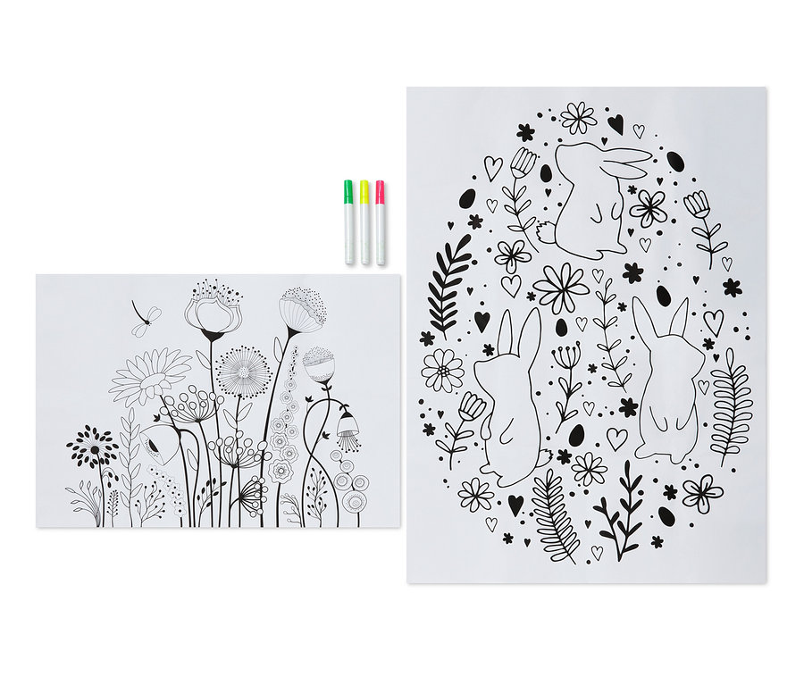 Deux dessins de Pâques avec des contours noirs de fleurs et de lapins et trois marqueurs pour fenêtres.
