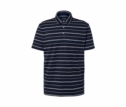 Polo en jersey bleu foncé à rayures.