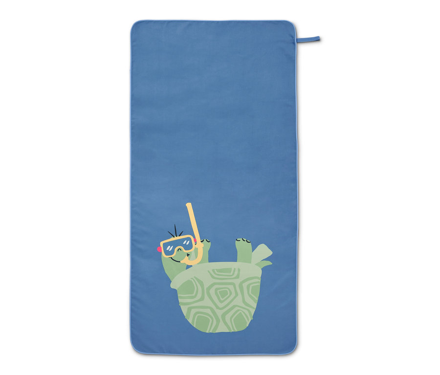 Serviette microfibre bleue pour enfants avec une tortue portant des lunettes de plongée et un tuba.