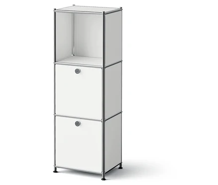 Système de rangement modulaire blanc avec deux tiroirs et un compartiment supérieur ouvert.