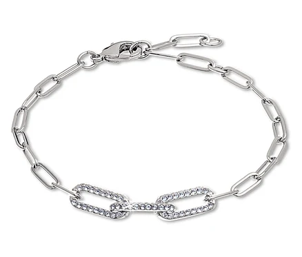Bracelet argenté avec des maillons rectangulaires, dont deux ornés de pierres.