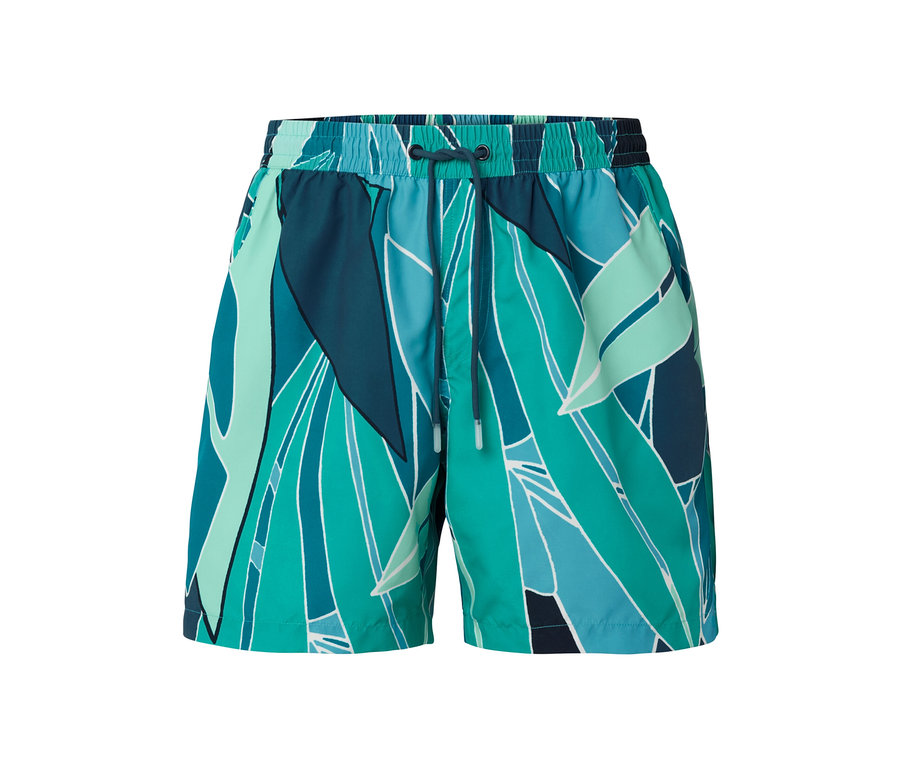 Short de bain avec un motif abstrait bleu-vert.