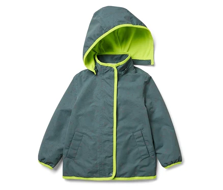 Veste à capuche gris-vert avec bordure vert néon.