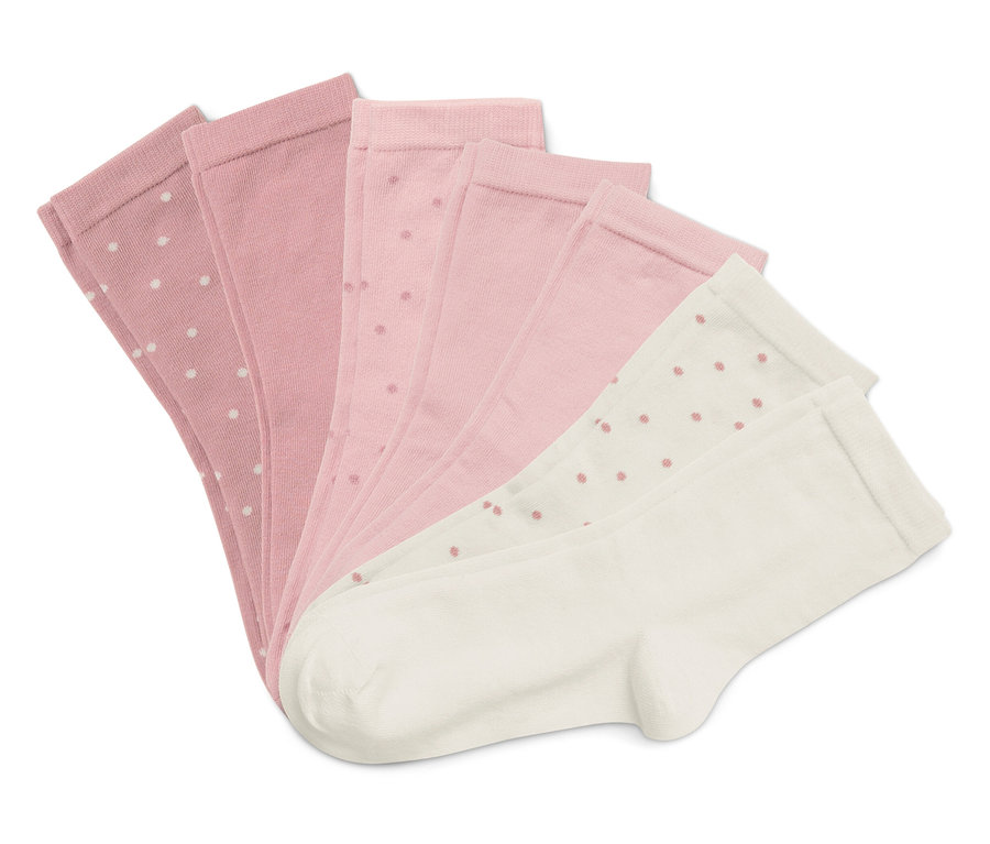 Cinq chaussettes disposées en éventail sur un fond blanc. Les chaussettes sont roses et blanches à pois.