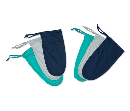 Six sacs à chaussures et à linge de voyage turquoise, gris et bleu marine.