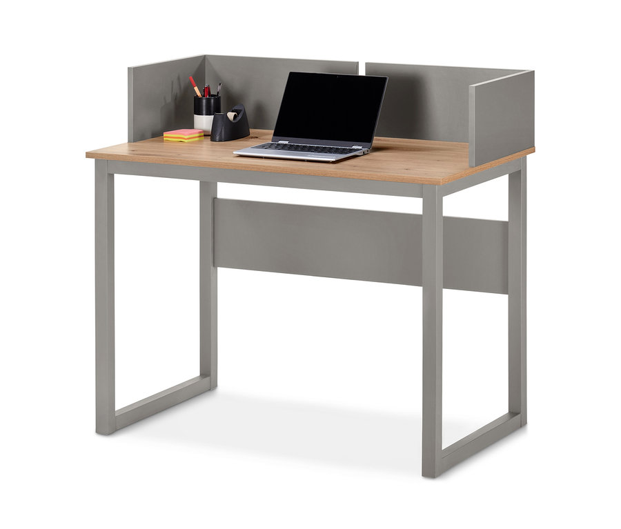 Secrétaire gris avec bord latéral surélevé avec ordinateur portable, bloc-notes, stylos et ruban adhésif.