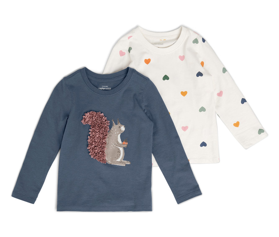 Deux t-shirts à manches longues pour enfants, un bleu avec un écureuil, un blanc avec des coeurs.