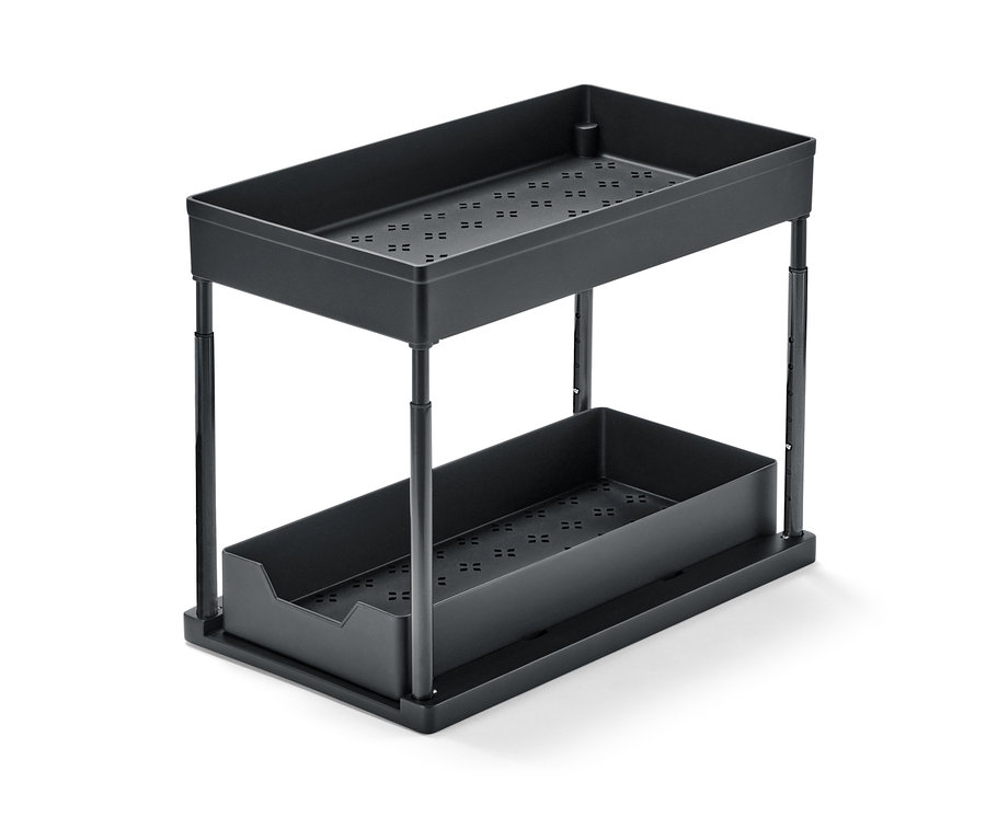 Système de tiroirs pour placard noir avec étagères réglables en hauteur.