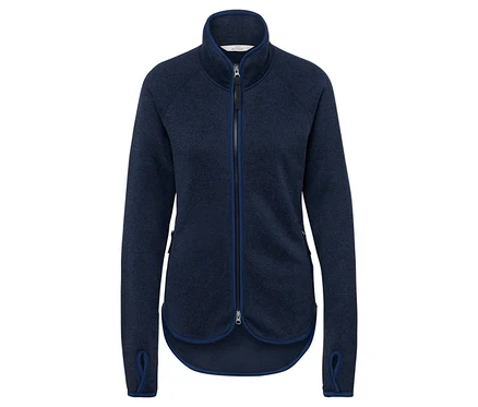 Veste en polaire bleu foncé à manches longues avec fermeture éclair au centre.