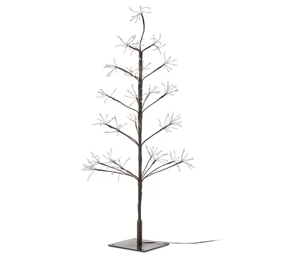 Arbre décoratif avec un tronc brun et des branches avec de petites lumières au bout, debout sur une base carrée.