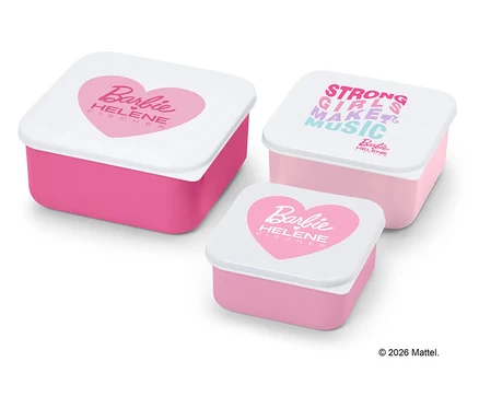 Trois boîtes de conservation rose et blanc Barbie Helene Fischer de différentes tailles.