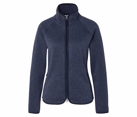 Une veste polaire bleu foncé chiné avec une fermeture éclair intégrale, un col montant et deux poches latérales zippées. Des bordures bleu foncé accentuent les bords.