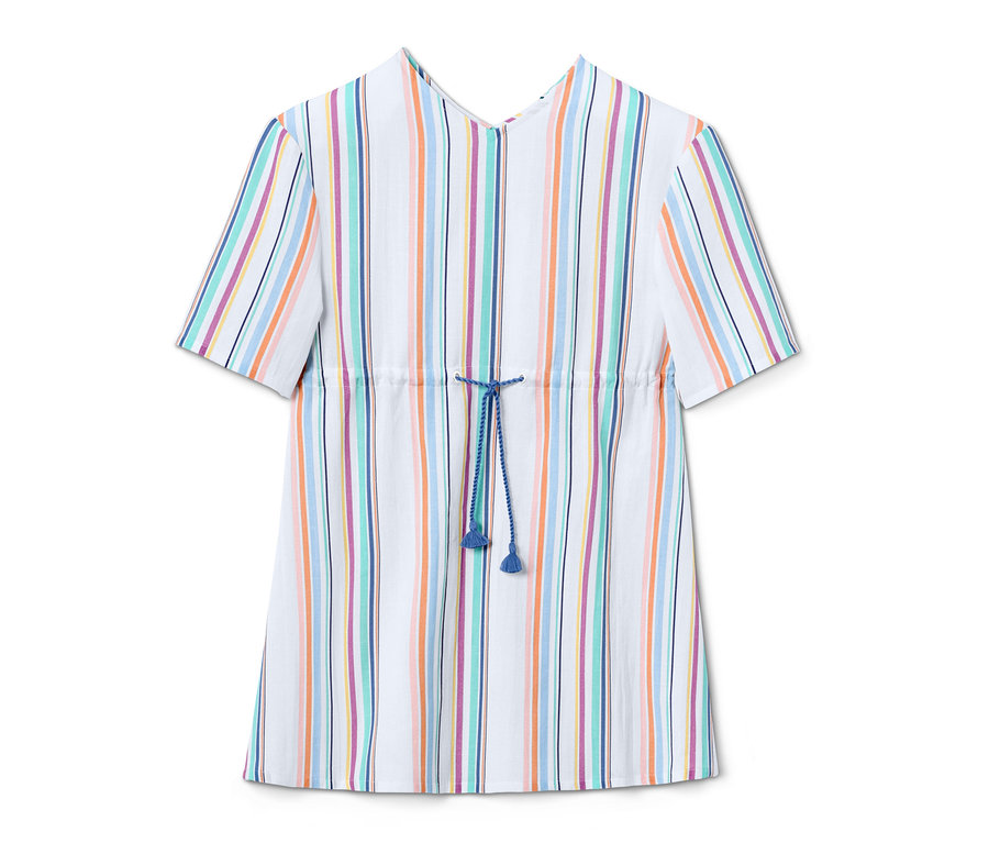 Caftan rayé en coton bio avec cordon de serrage bleu à la taille.