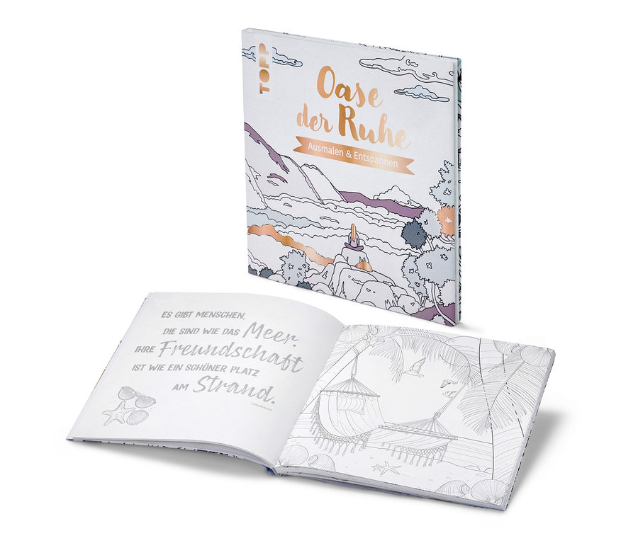 Deux livres ouverts avec des dessins et du texte. En haut, le livre « Oase der Ruhe – ausmalen und entspannen » (oasis de calme – colorier et se détendre, en allemand).