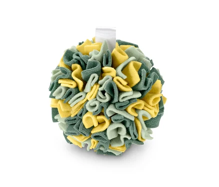 Balle de fouille pour animaux de couleur verte et jaune.