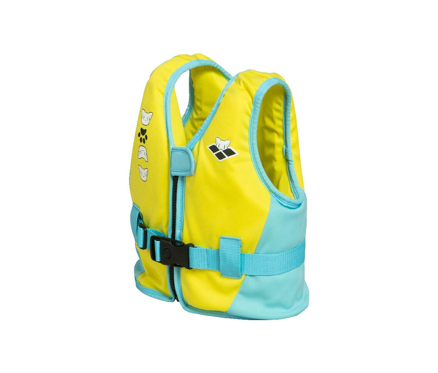 Gilet de natation arena Friends jaune et turquoise avec fermeture éclair et imprimé de pattes et de chats.
