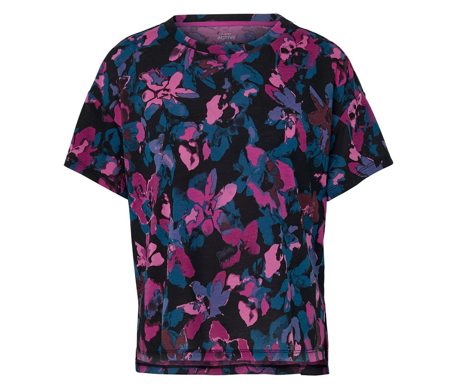 T-shirt noir à manches courtes avec motif floral intégral rose et bleu.