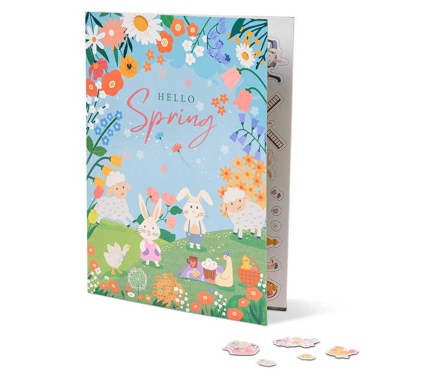 Illustration d'un livre intitulé "Hello Spring" avec des moutons, des lapins, des fleurs et une couverture de pique-nique.
