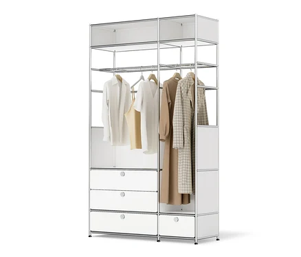Commode en métal « CN3 » avec 2 tringles et 4 tiroirs et des vêtements.